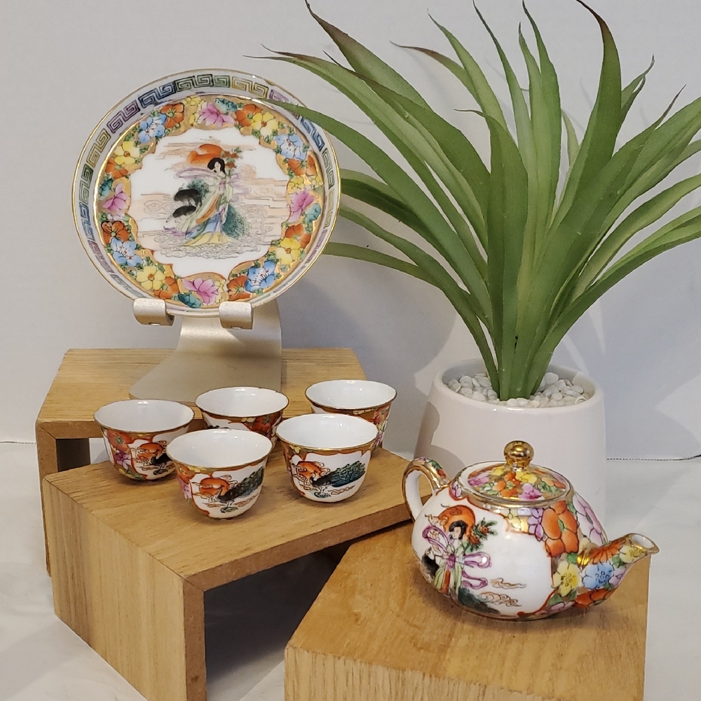 Vibrant Ceramic Tea Set with Gold Detailing